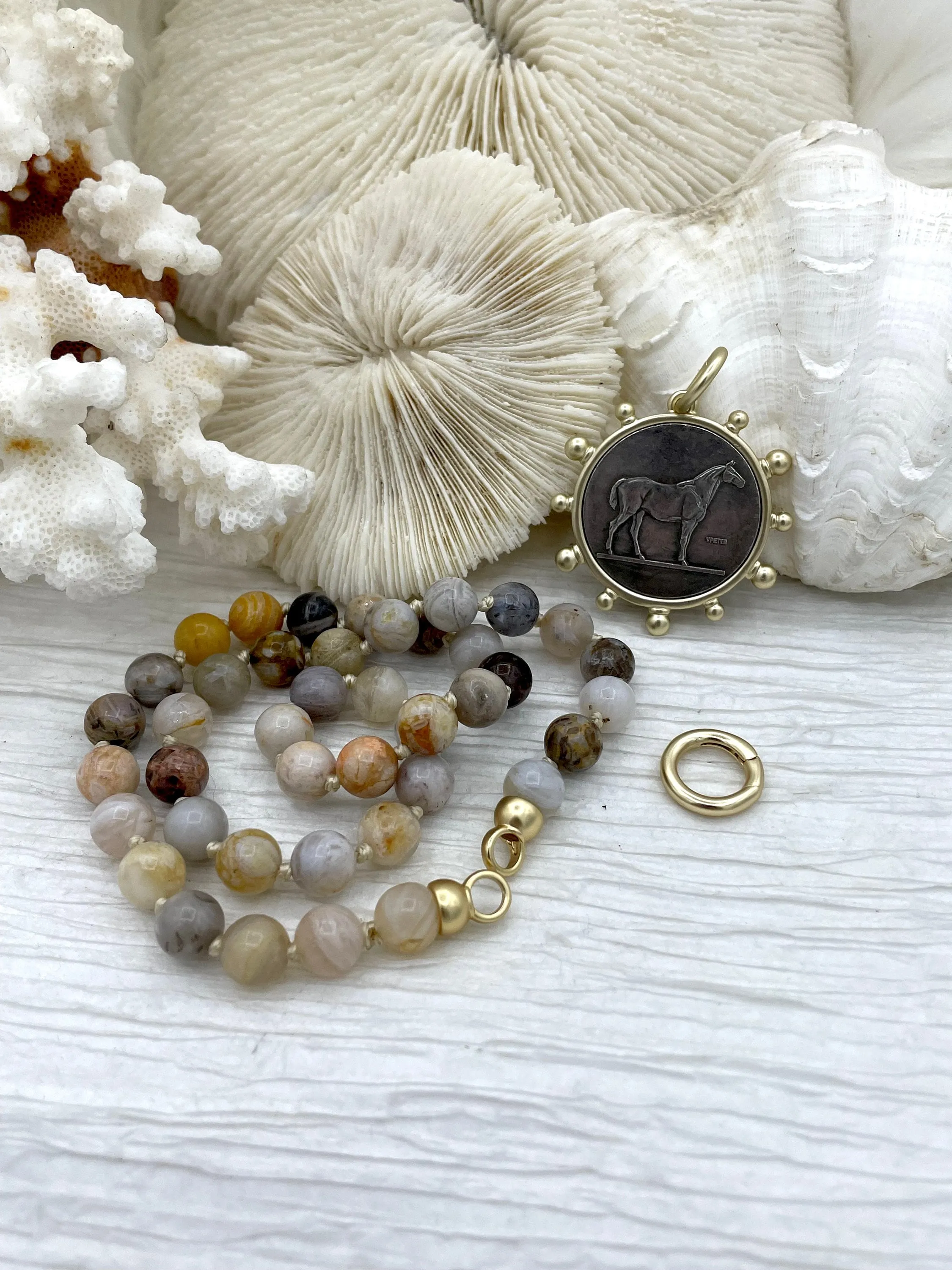 Hand Knotted Bamboo Agate, 16.5" Long,Brass End Caps, Gold or Matte Gold Caps, 8mm round Bamboo Agate Necklace, Semi Precious Bead Fast Ship