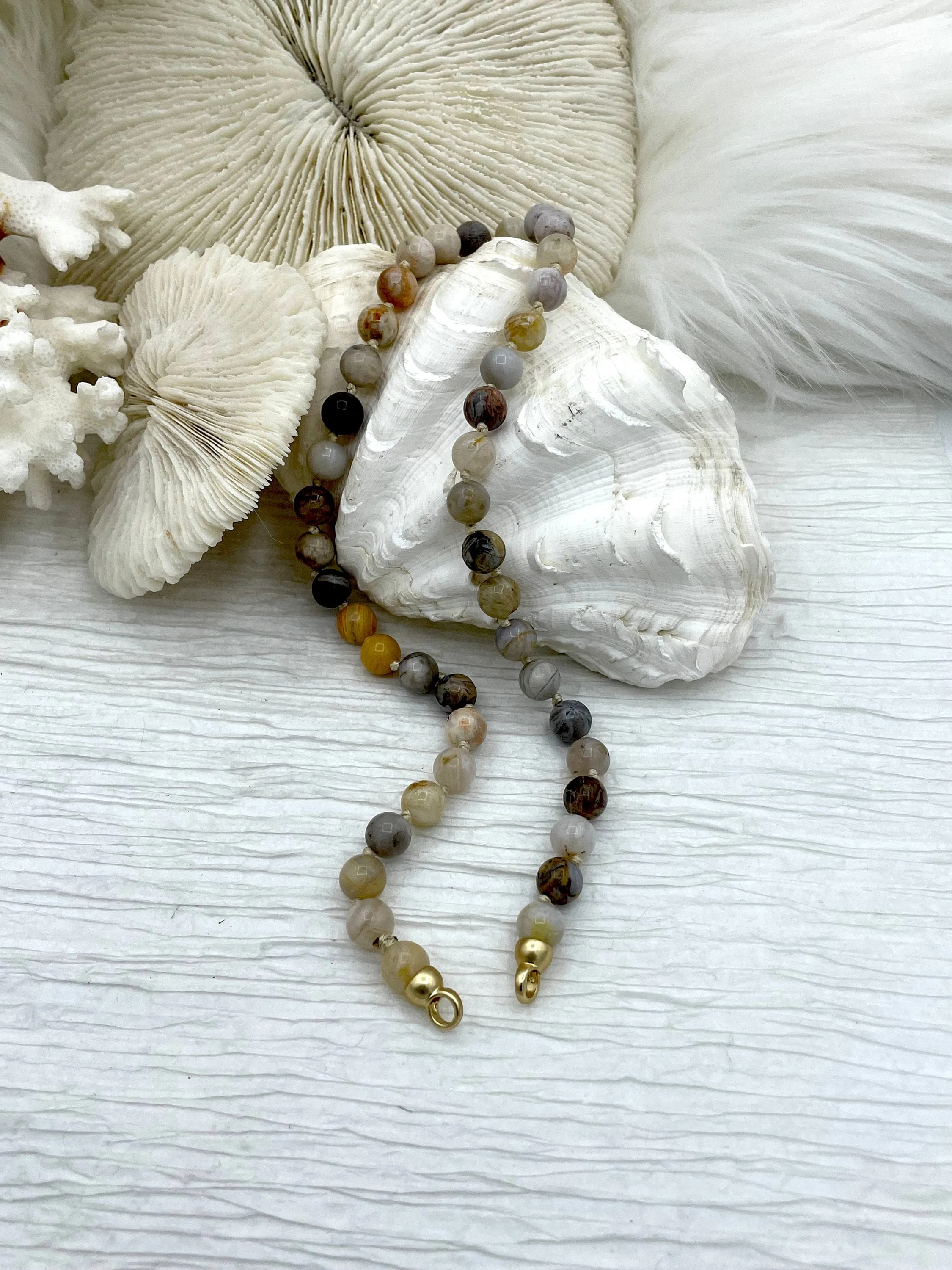 Hand Knotted Bamboo Agate, 16.5" Long,Brass End Caps, Gold or Matte Gold Caps, 8mm round Bamboo Agate Necklace, Semi Precious Bead Fast Ship