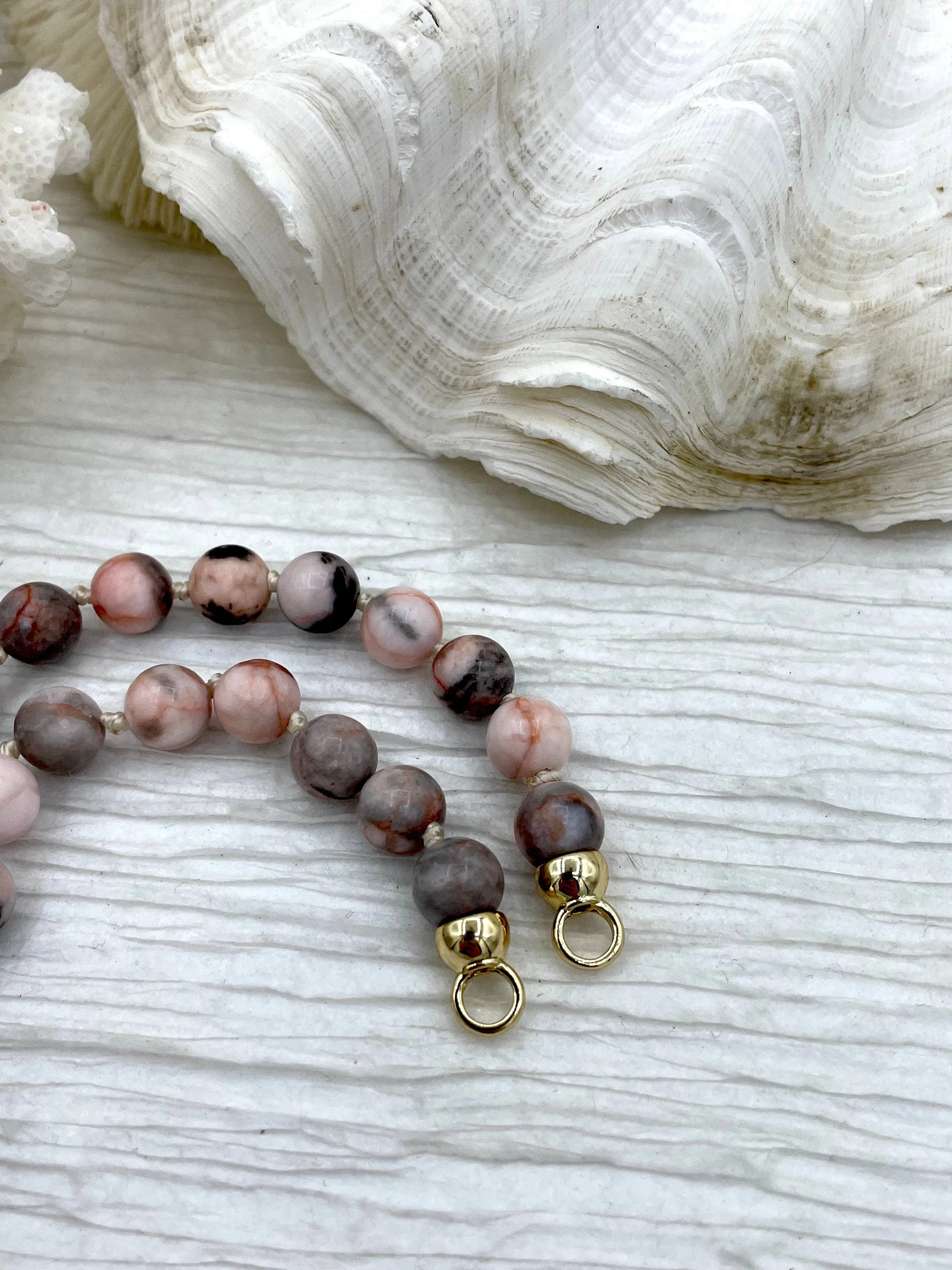 Hand Knotted Pink Zebra Jasper, 16.5" Long,Plated Brass End Caps, Gold or Matte Gold Caps, 8mm round Pink Zebra Jasper Necklace, Fast Ship