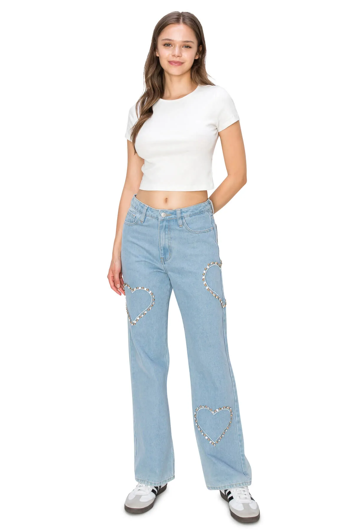 High Rise Heart Embellished Jeans - Medium Wash