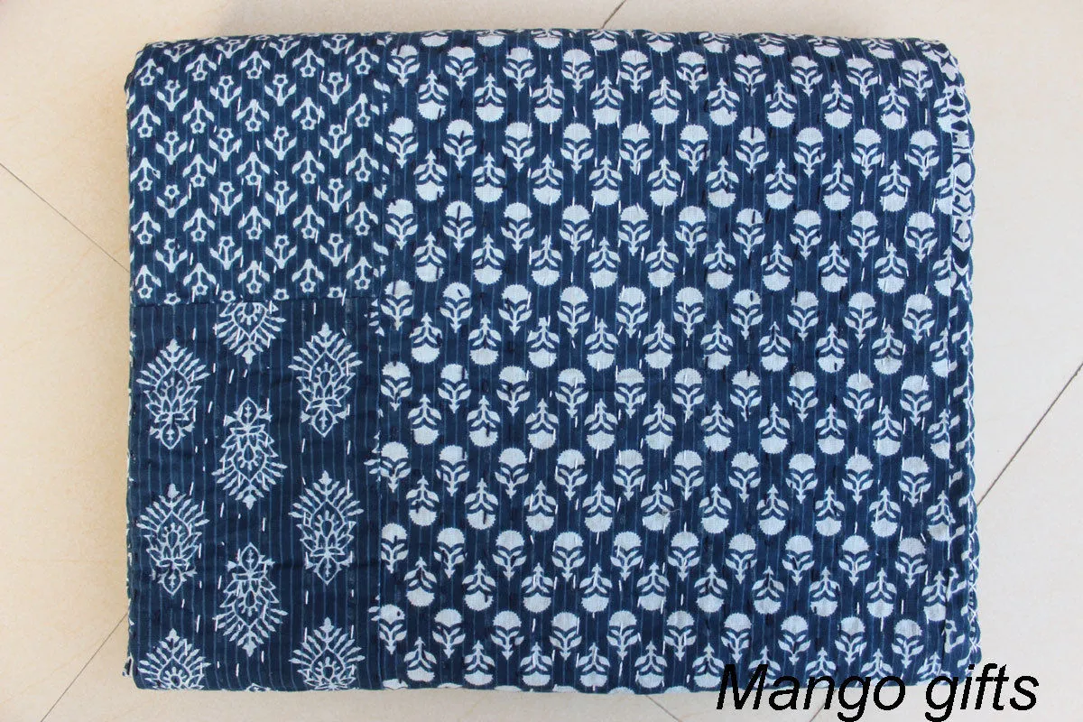 Indian Cotton Kantha Patchwork Indigo bedspread bedcover Twin size Handmade