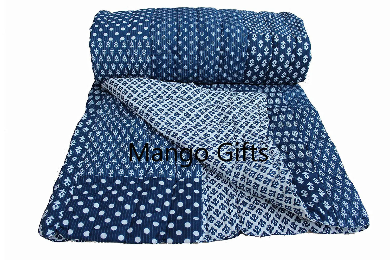 Indigo patchwork reversible Cotton Filled Quilt Twin Size