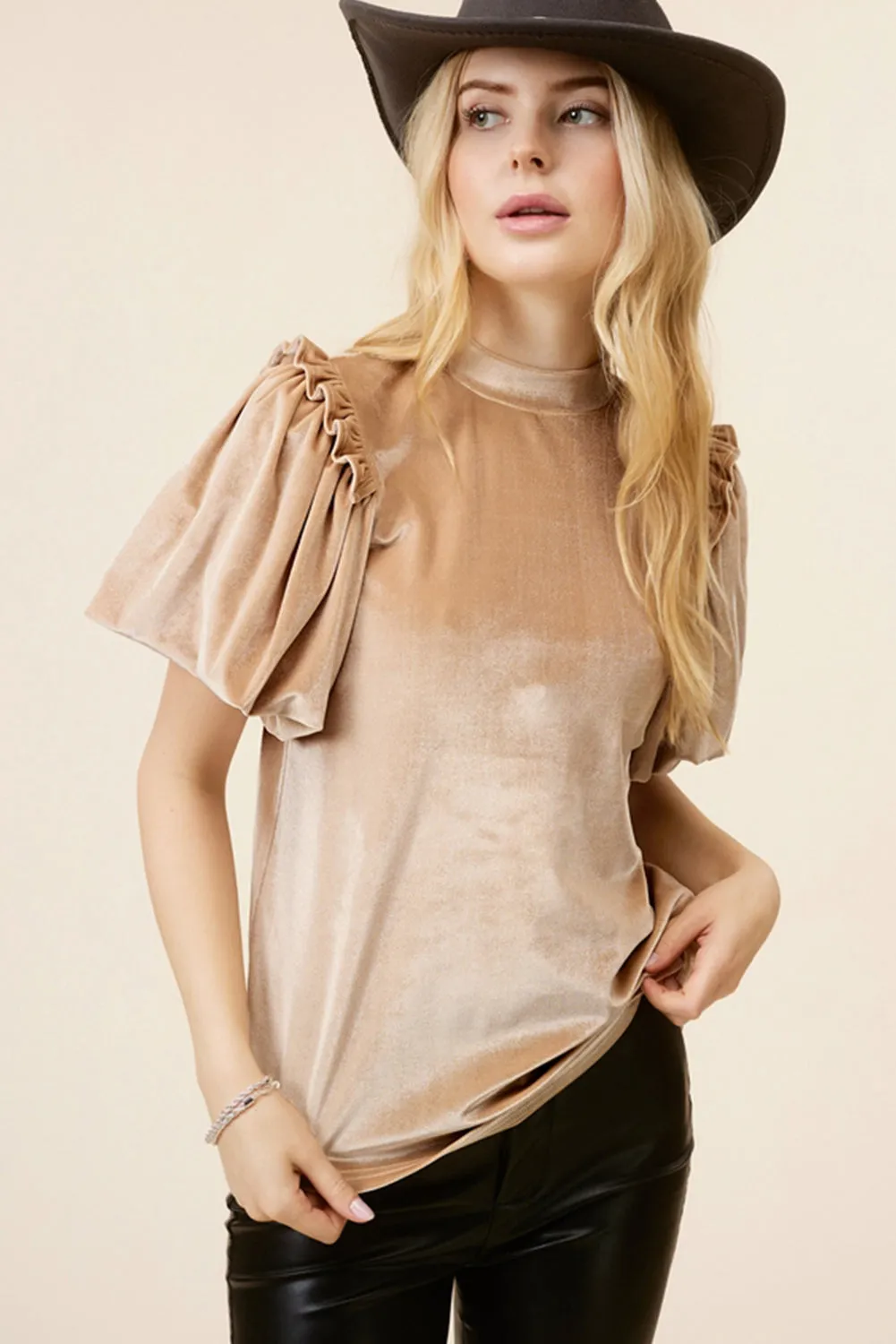 Light French Beige Frilly Puff Sleeve Mock Neck Blouse