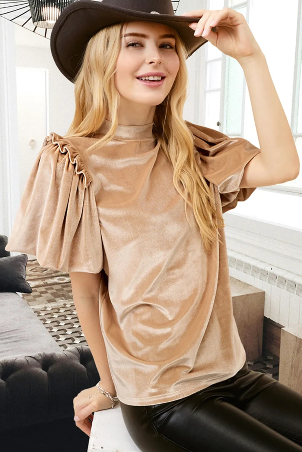 Light French Beige Frilly Puff Sleeve Mock Neck Blouse