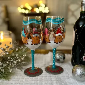 Lolita Reindeer Games Hand Painted Wine Glasses