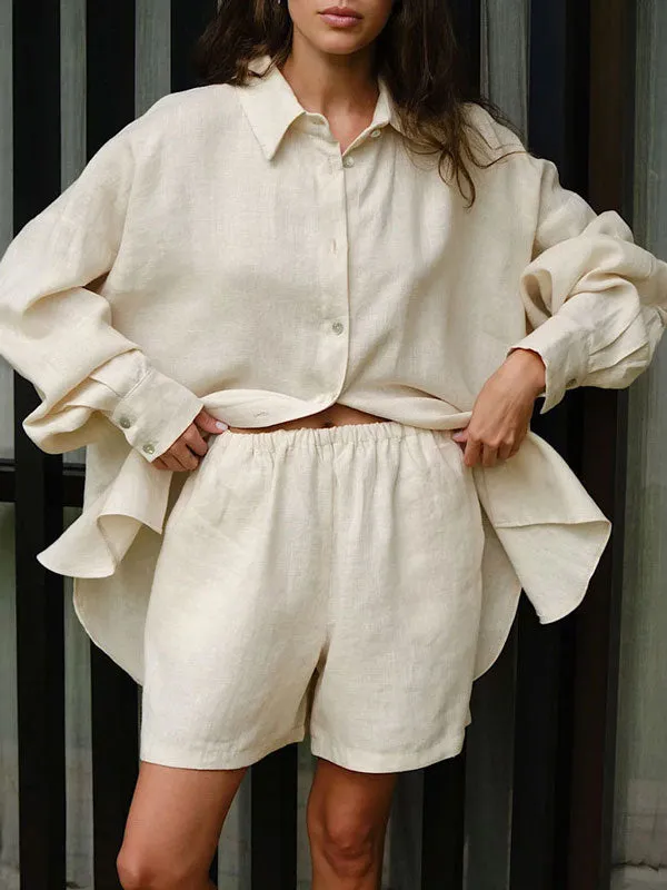 Long Sleeve Solid Color Cotton Shorts Set