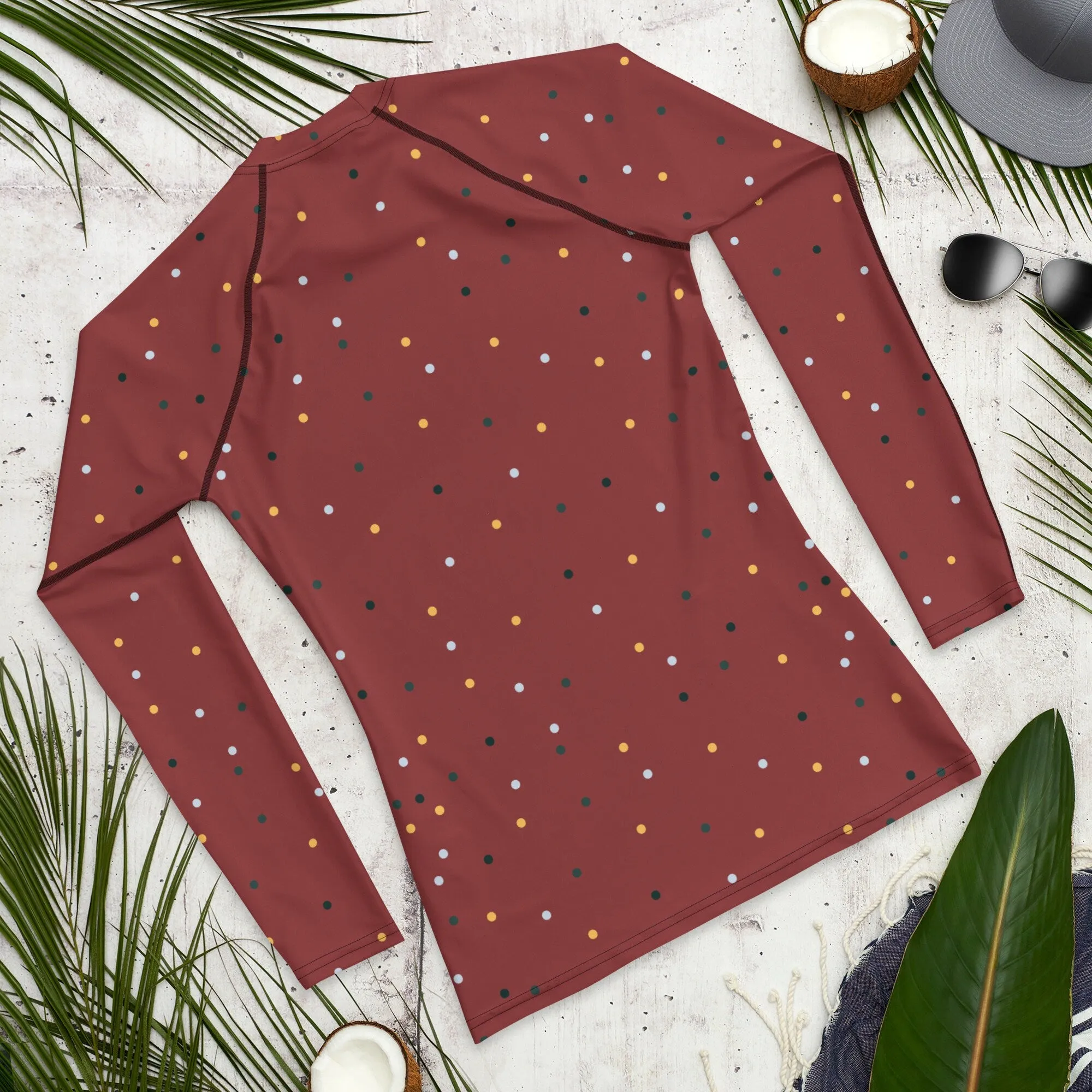 Maroon and Gold Polka Dot Men's Long Sleeve Rash Guard