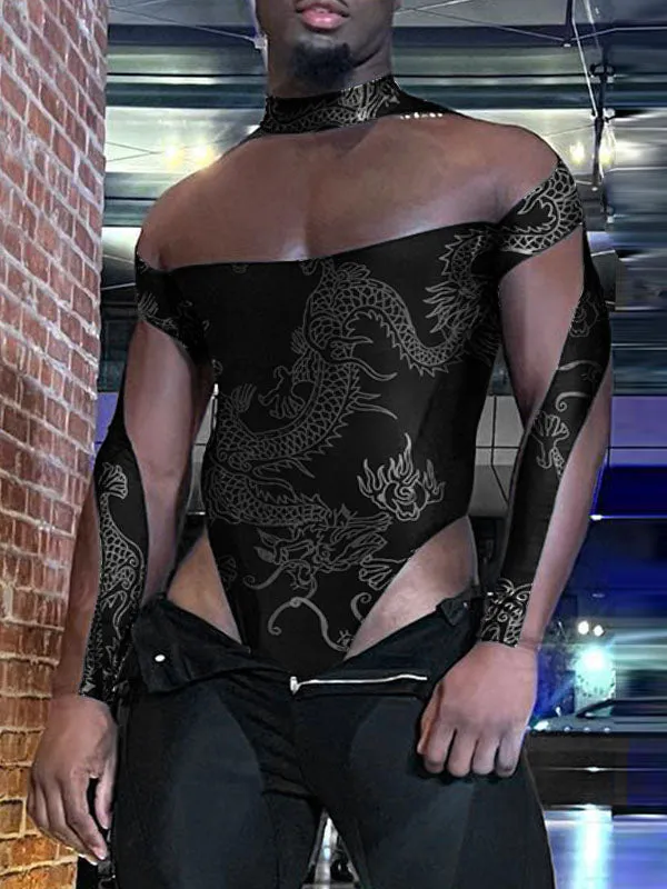 Mens Dragon Print Mesh Patchwork Bodysuit SKUK42103