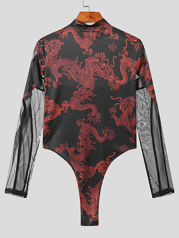 Mens Dragon Print Mesh Patchwork Bodysuit SKUK42103