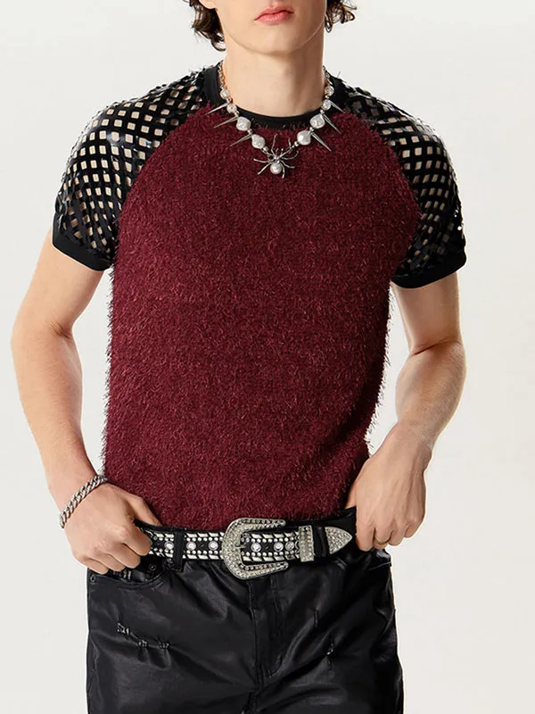 Mens Fleece Patchwork Short Sleeve T-Shirt SKUK48482