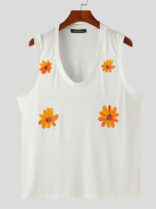 Mens Floral Print Hollow-Out V-Neck Tank SKUK68149