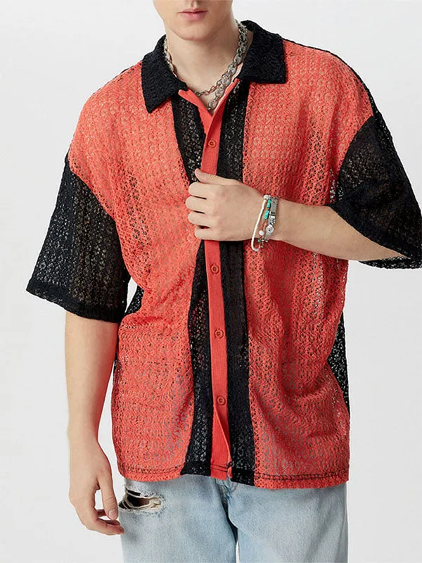 Mens Hollow Out Knit Short Sleeve Shirt SKUK62900