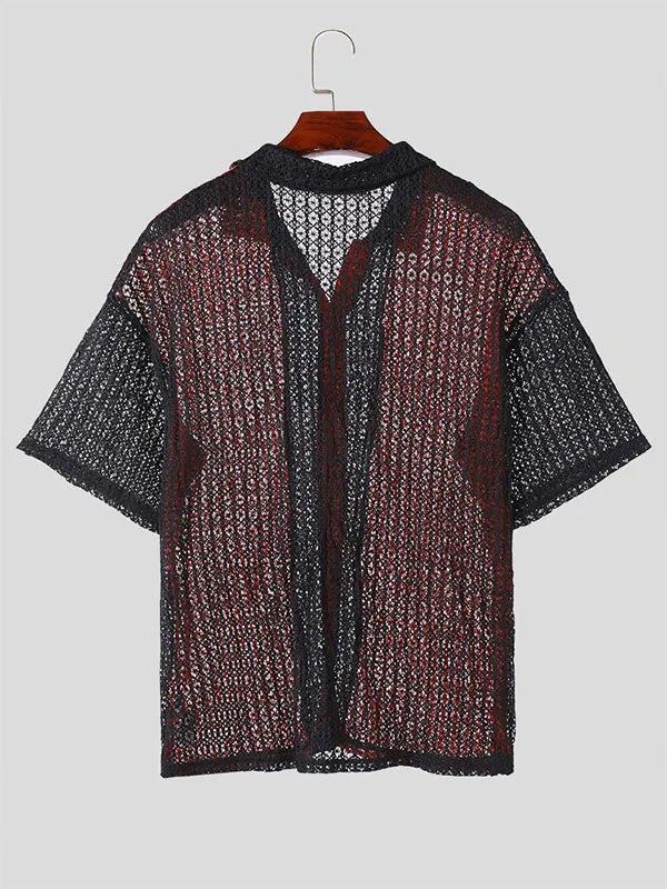 Mens Hollow Out Knit Short Sleeve Shirt SKUK62900