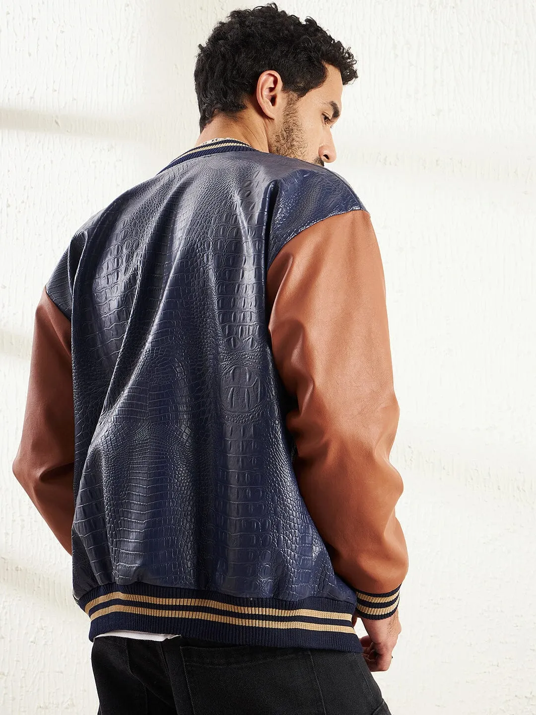 Navy Pu Croc Varsity Jacket