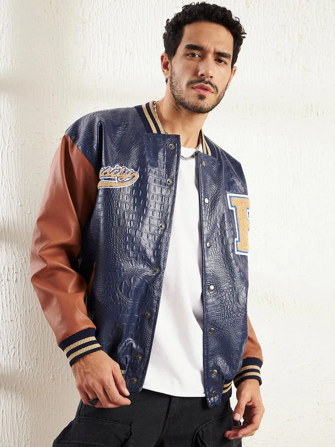 Navy Pu Croc Varsity Jacket