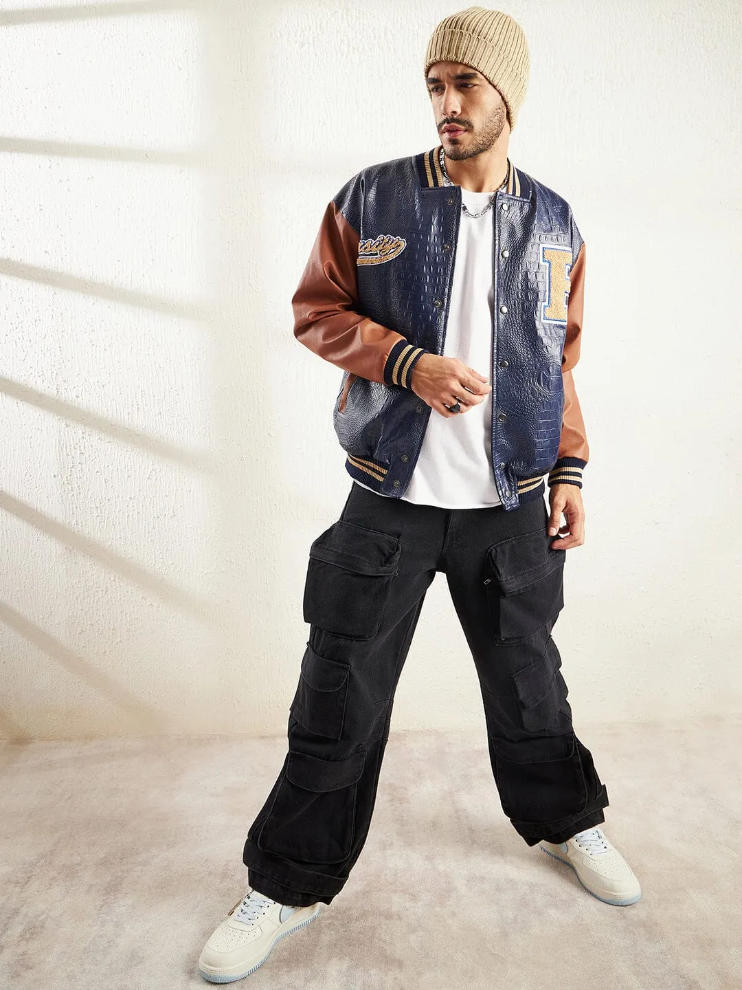 Navy Pu Croc Varsity Jacket