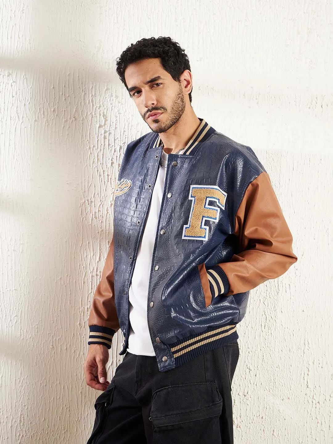 Navy Pu Croc Varsity Jacket