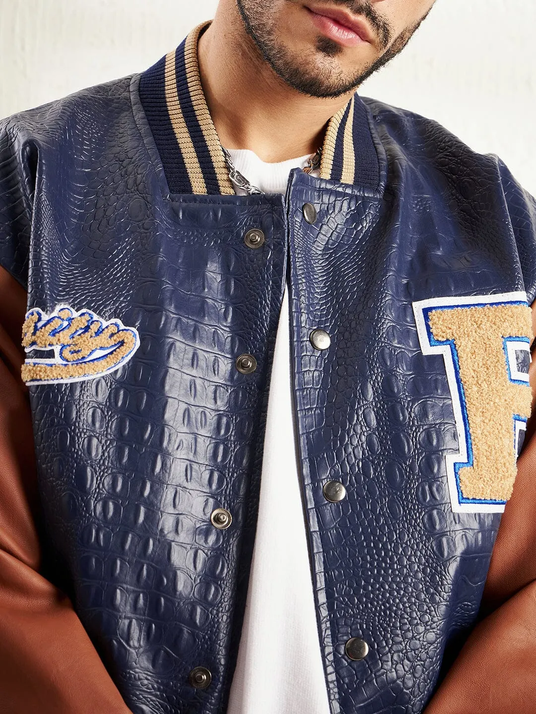 Navy Pu Croc Varsity Jacket