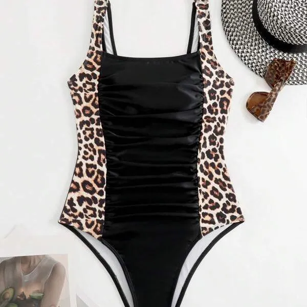 One-piece Swimsuit Solid Color Leopard Print