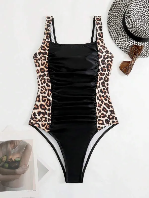 One-piece Swimsuit Solid Color Leopard Print