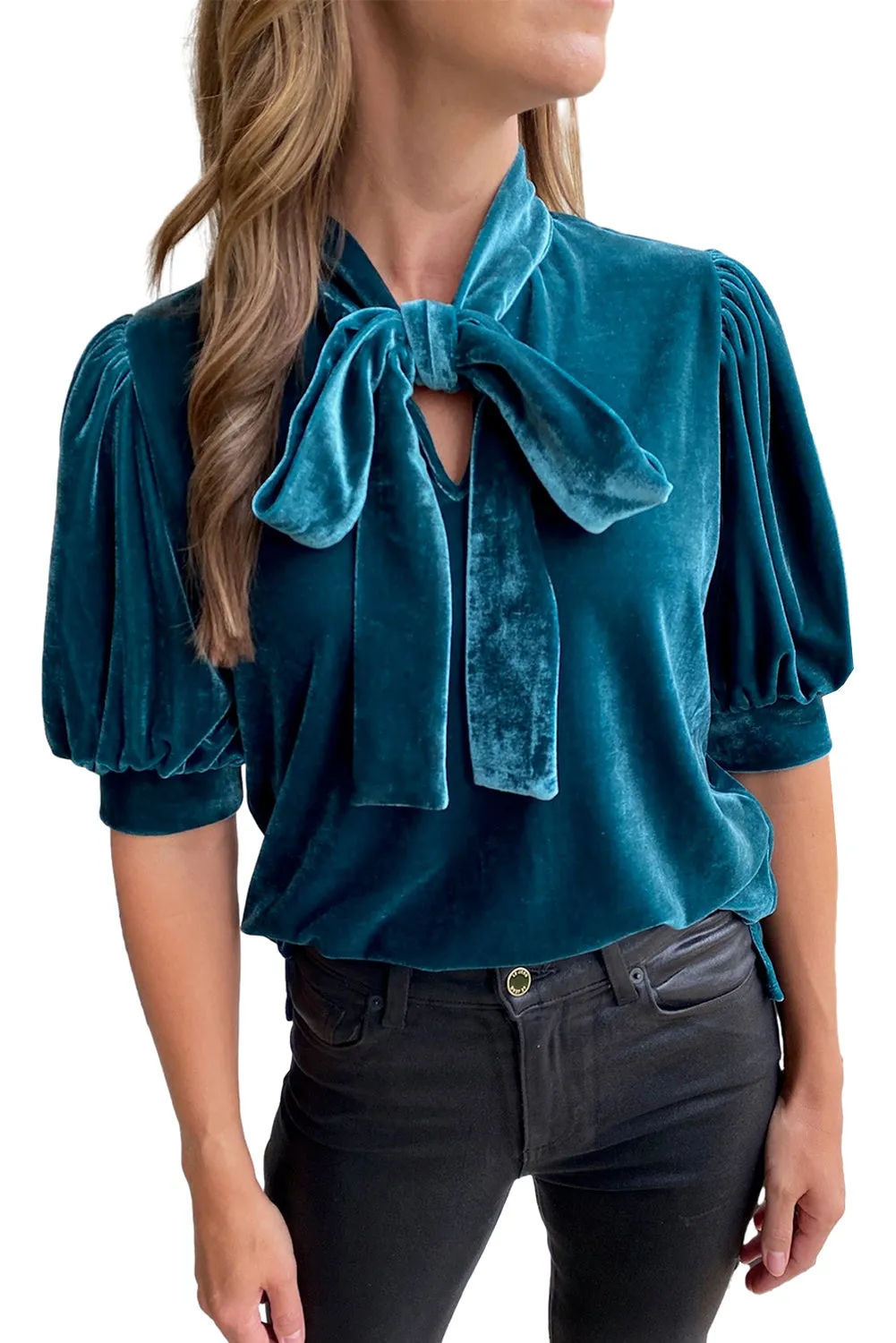 Peacock Blue Velvet Bow Tie Neck Short Sleeve Top