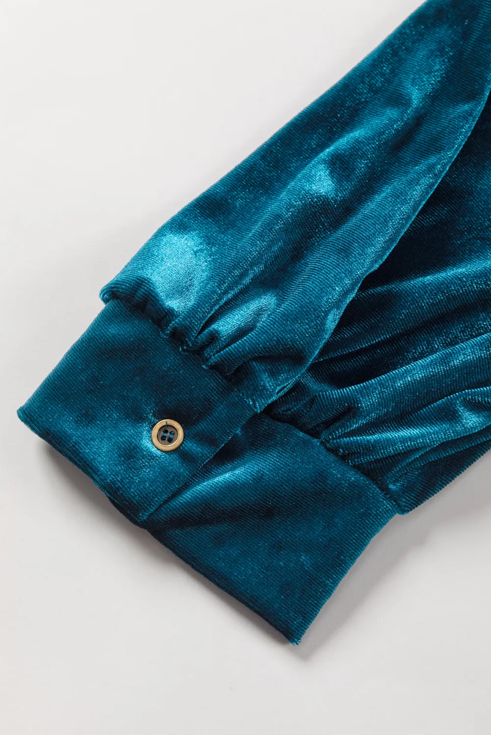 Peacock Blue Velvet Bow Tie Neck Short Sleeve Top