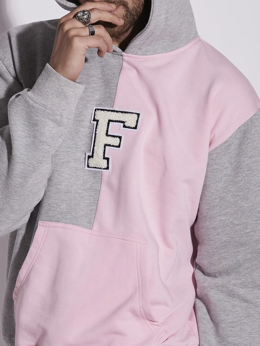 Pink And Grey Cut Sew Hooded Sweatshirt