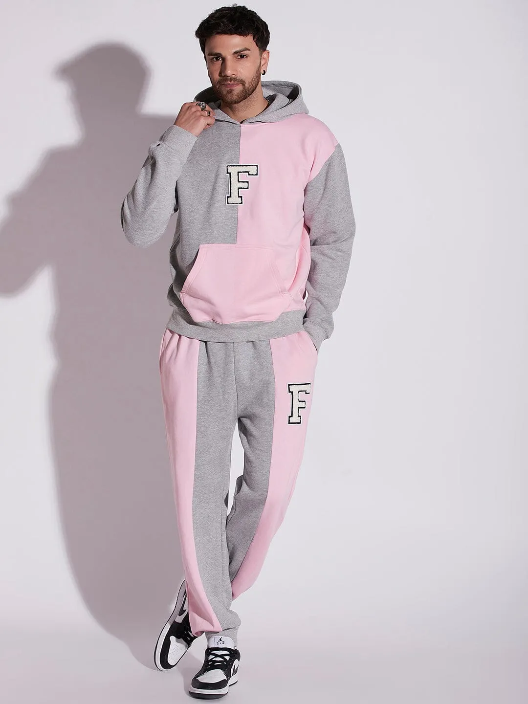 Pink And Grey Cut Sew Hooded Sweatshirt