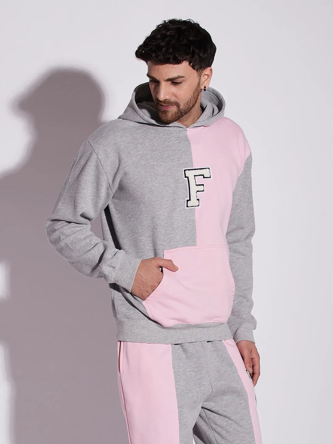 Pink And Grey Cut Sew Hooded Sweatshirt