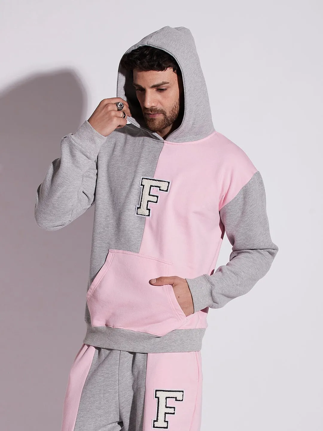 Pink And Grey Cut Sew Hooded Sweatshirt