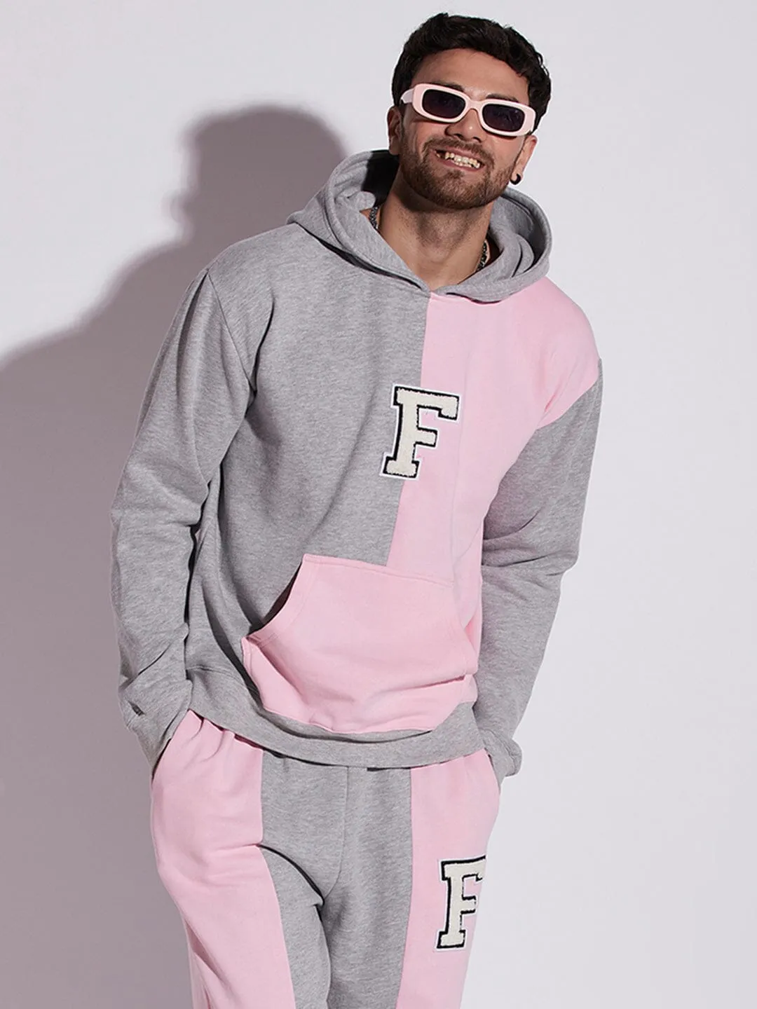 Pink And Grey Cut Sew Hooded Sweatshirt