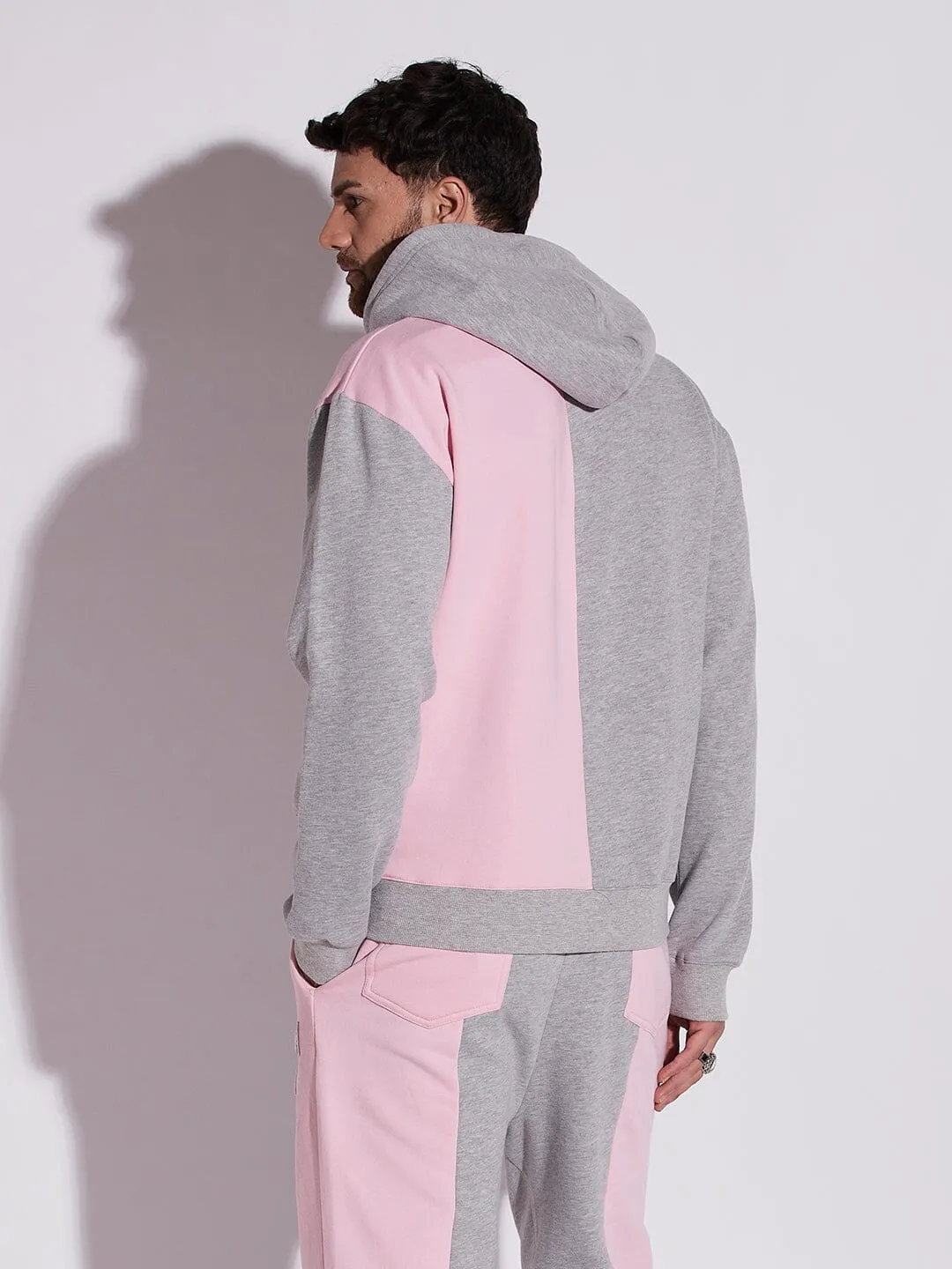 Pink And Grey Cut Sew Hooded Sweatshirt