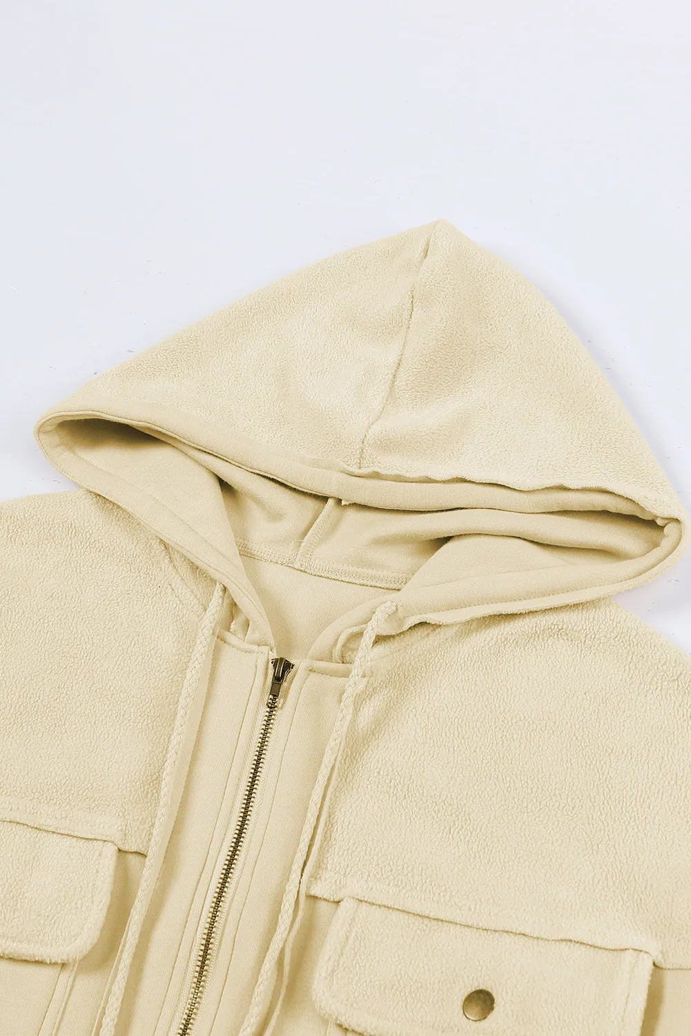 Pink Flap Pocket Drawstring Hood Zip Up Jacket