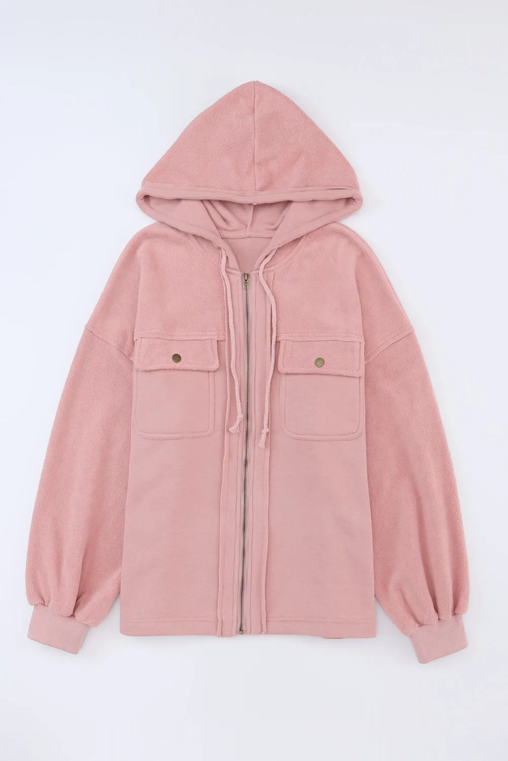 Pink Flap Pocket Drawstring Hood Zip Up Jacket