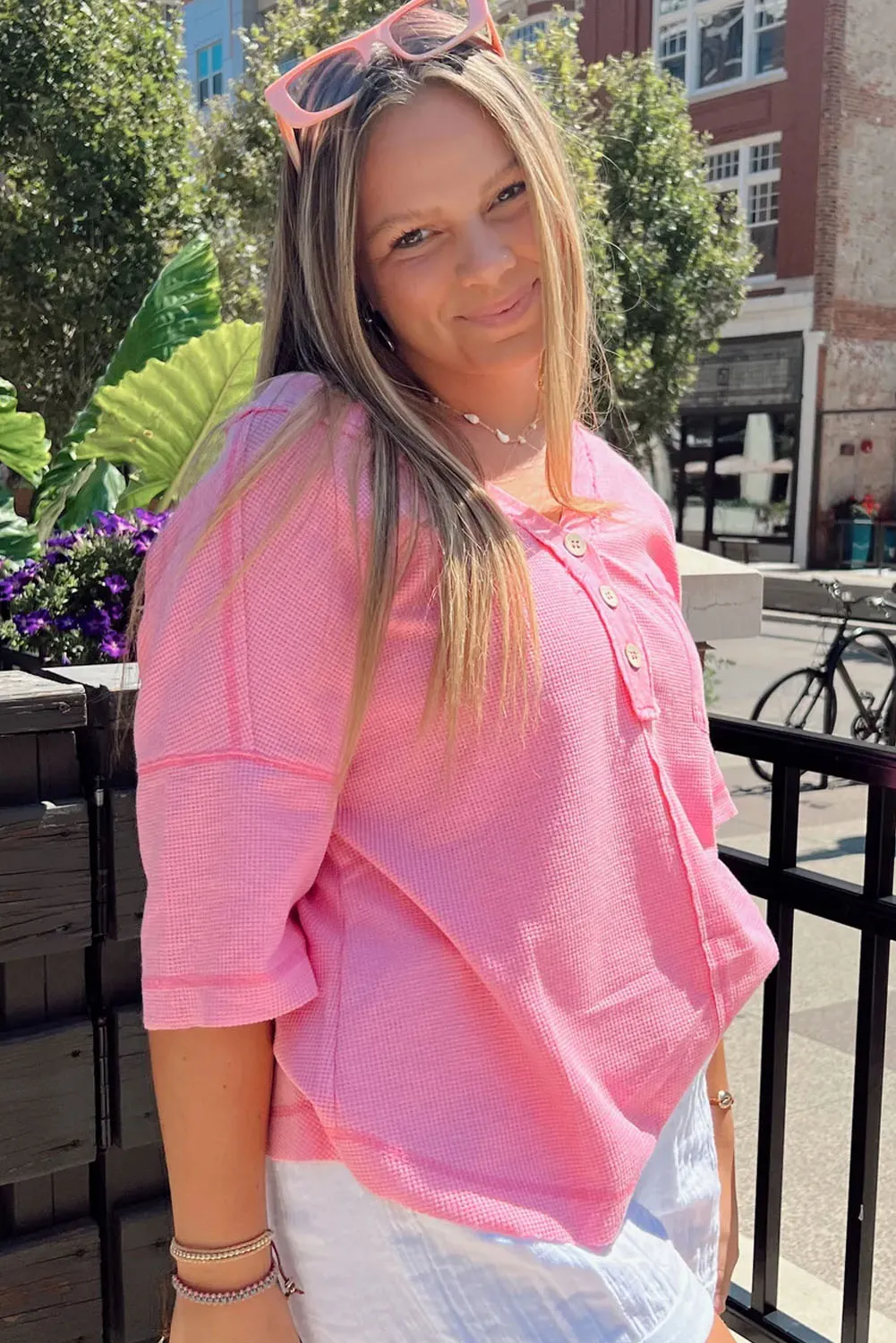 Pink Plus Size Waffle Knit Exposed Seam V Neck Henley Tee