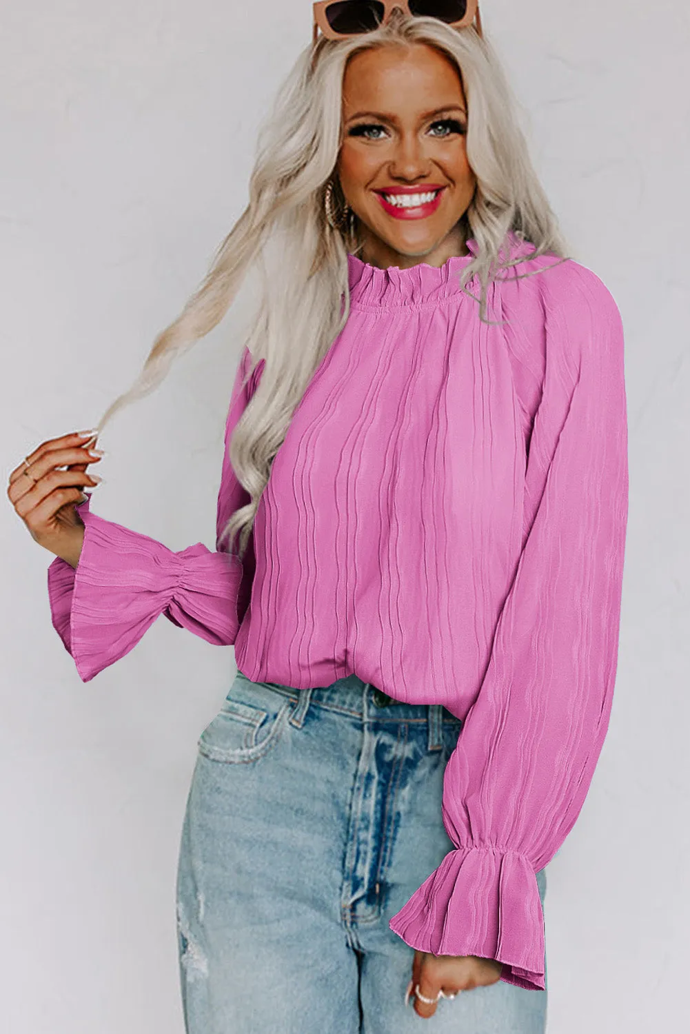 Pink Striking Pleated Flared Cuff Long Sleeve Blouse