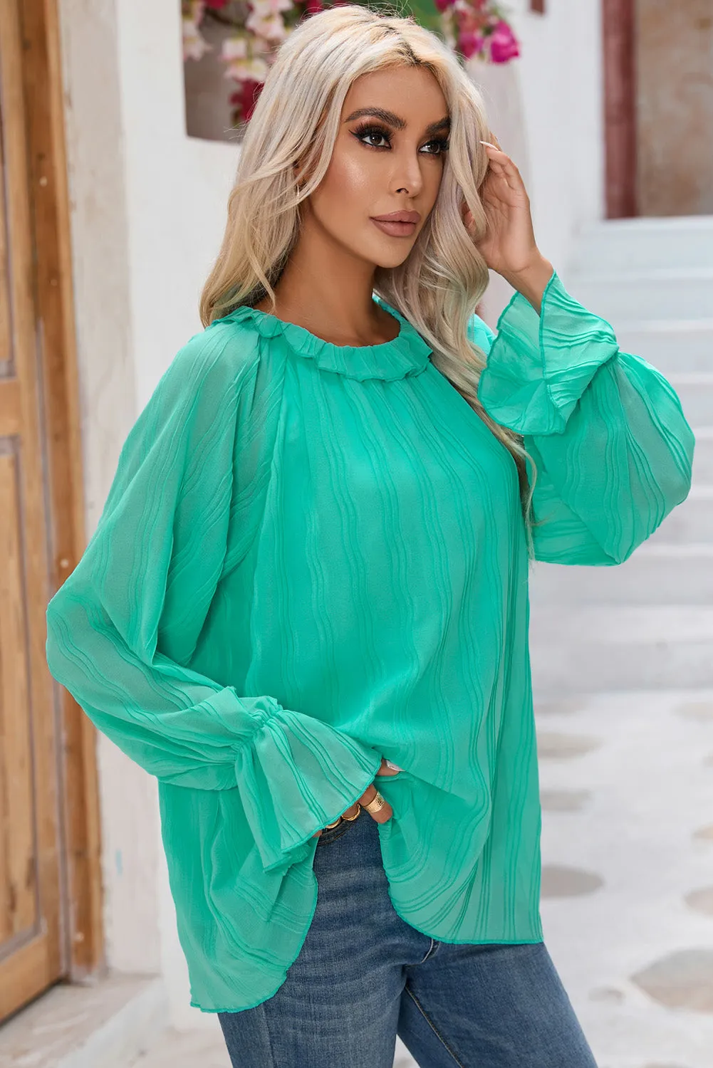 Pink Striking Pleated Flared Cuff Long Sleeve Blouse