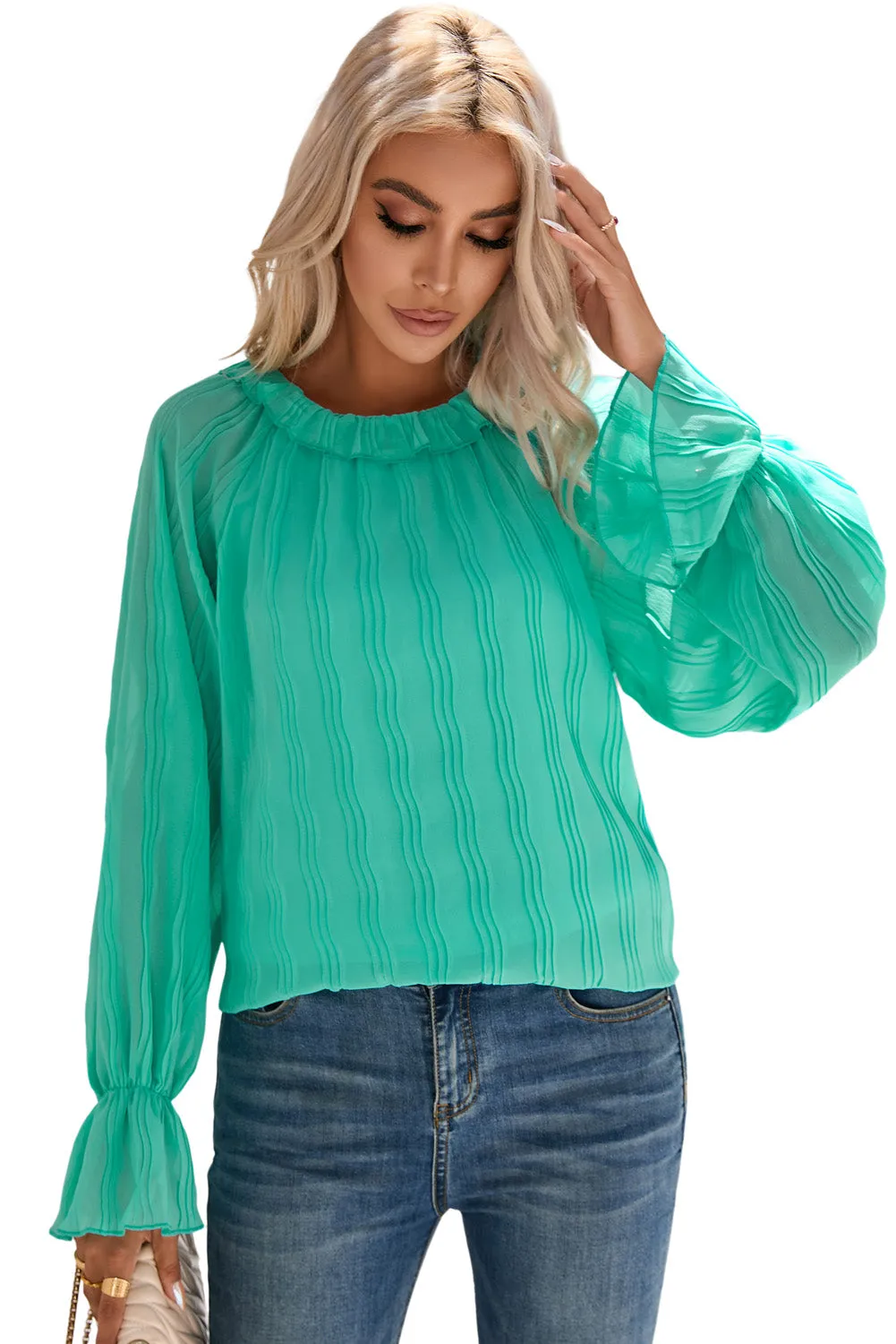 Pink Striking Pleated Flared Cuff Long Sleeve Blouse