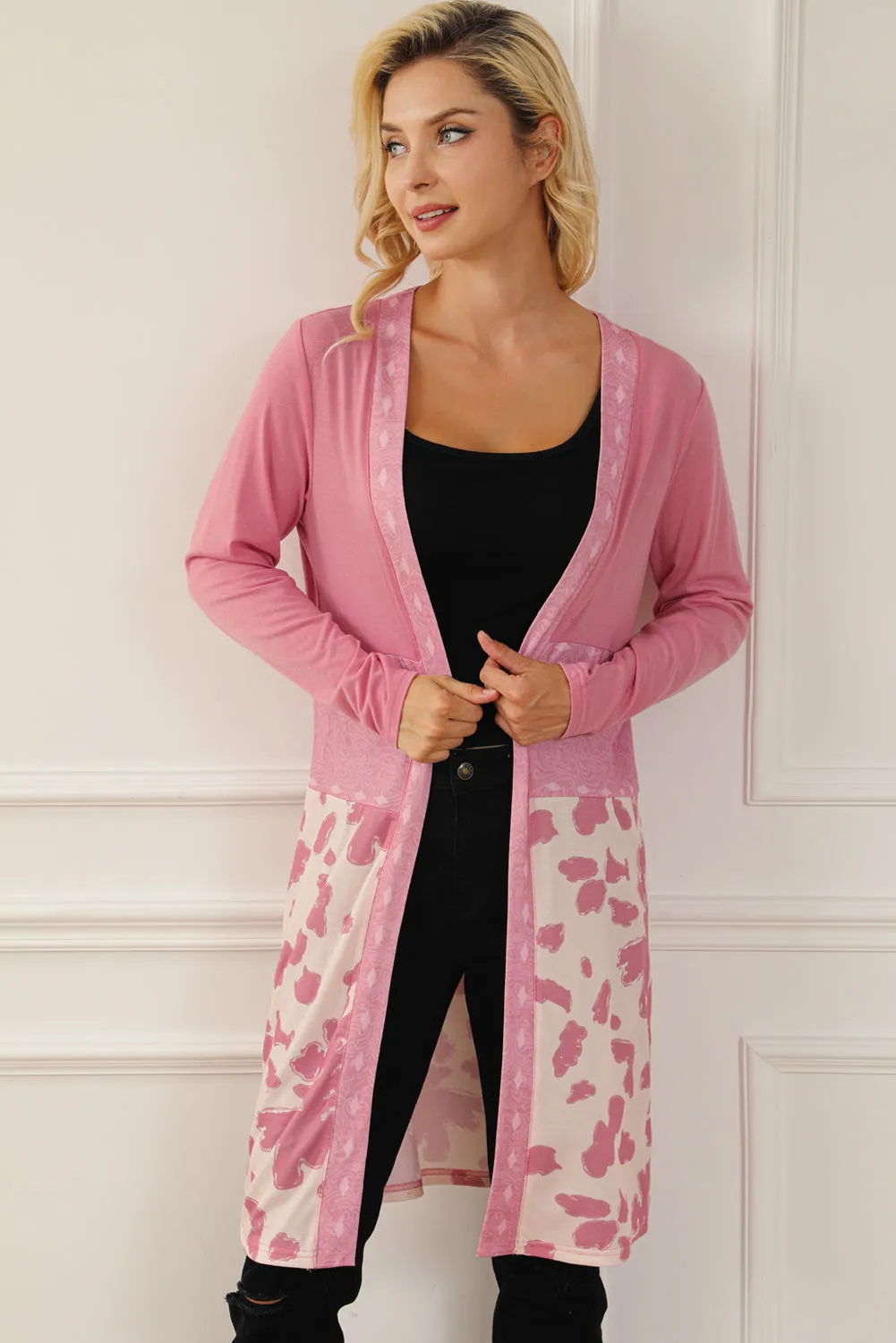 Pink Western Pattern Cow Patchwork Open Front Cardigan