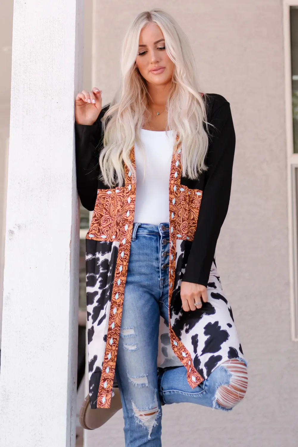 Pink Western Pattern Cow Patchwork Open Front Cardigan