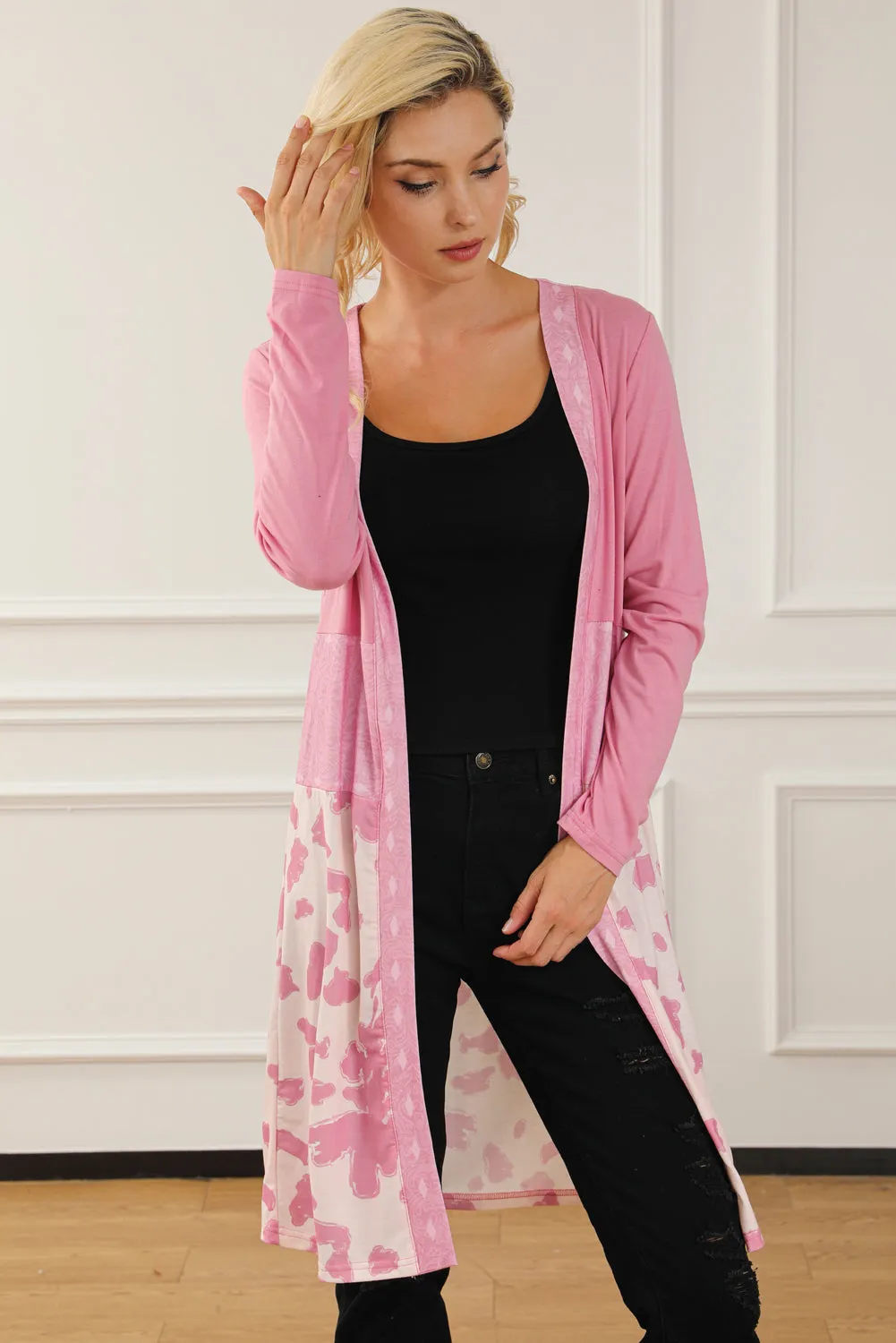 Pink Western Pattern Cow Patchwork Open Front Cardigan