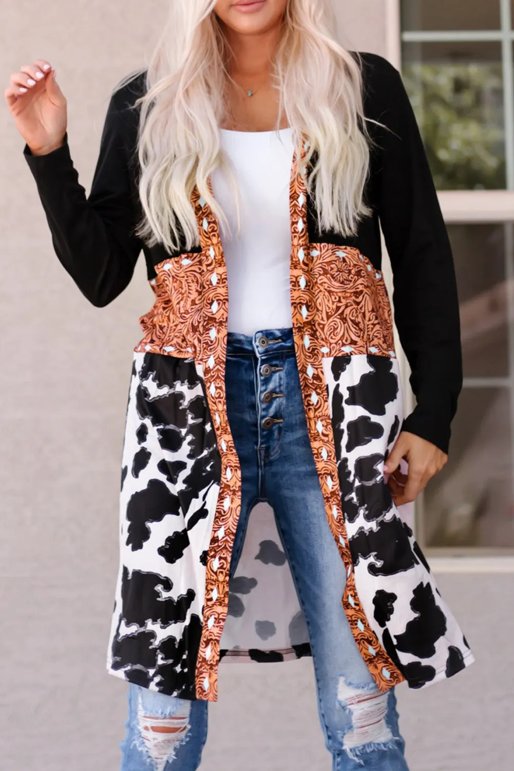 Pink Western Pattern Cow Patchwork Open Front Cardigan