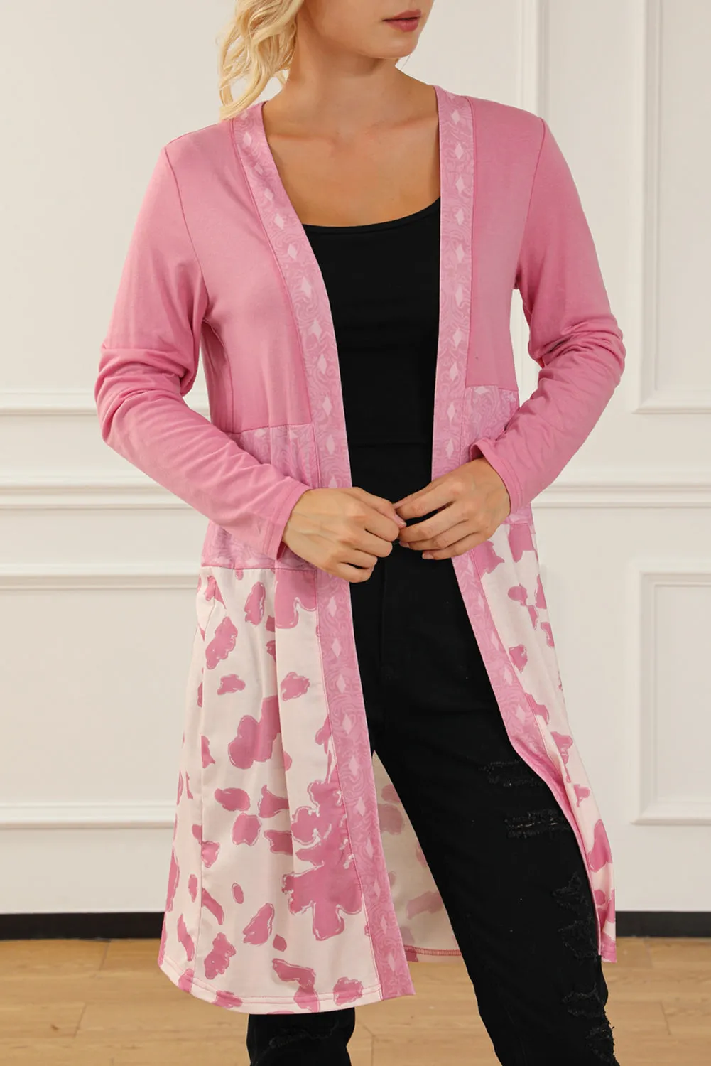 Pink Western Pattern Cow Patchwork Open Front Cardigan