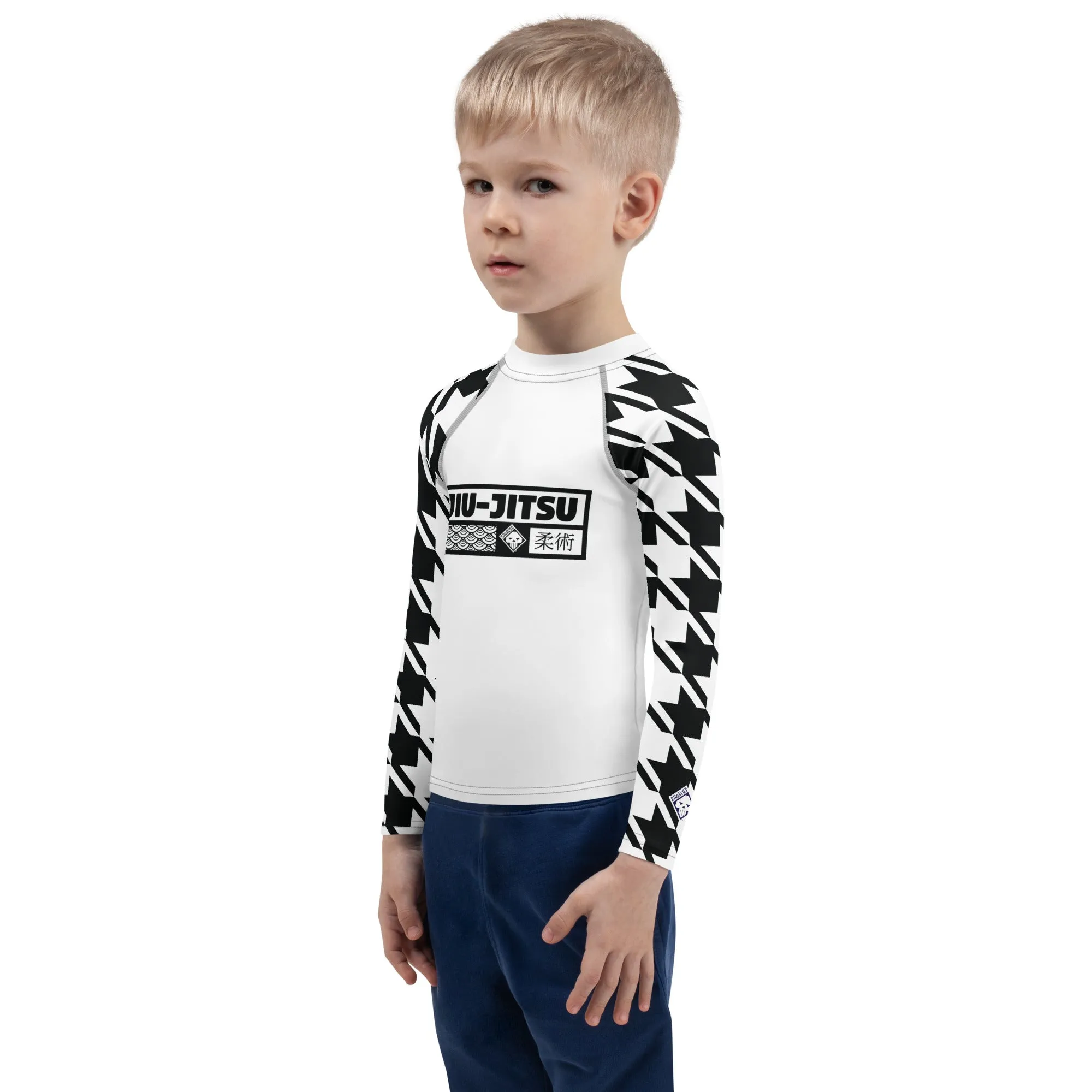 Style and Strength: Houndstooth Long Sleeve BJJ Rash Guard for Boys