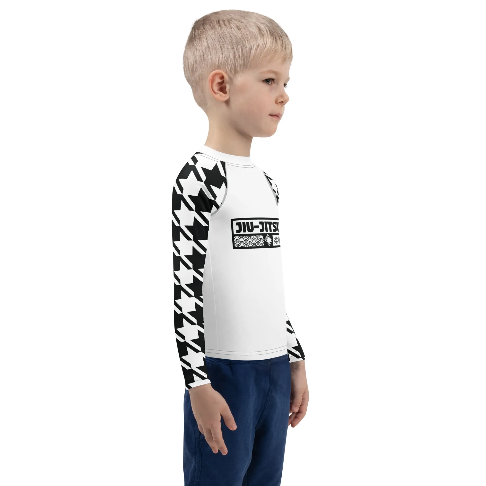 Style and Strength: Houndstooth Long Sleeve BJJ Rash Guard for Boys