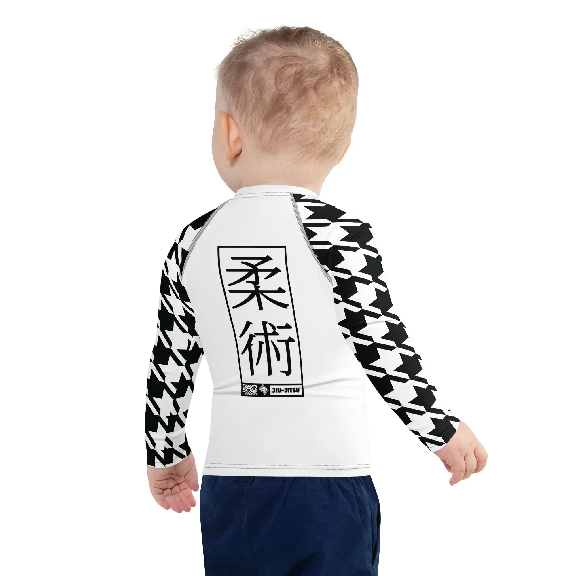 Style and Strength: Houndstooth Long Sleeve BJJ Rash Guard for Boys