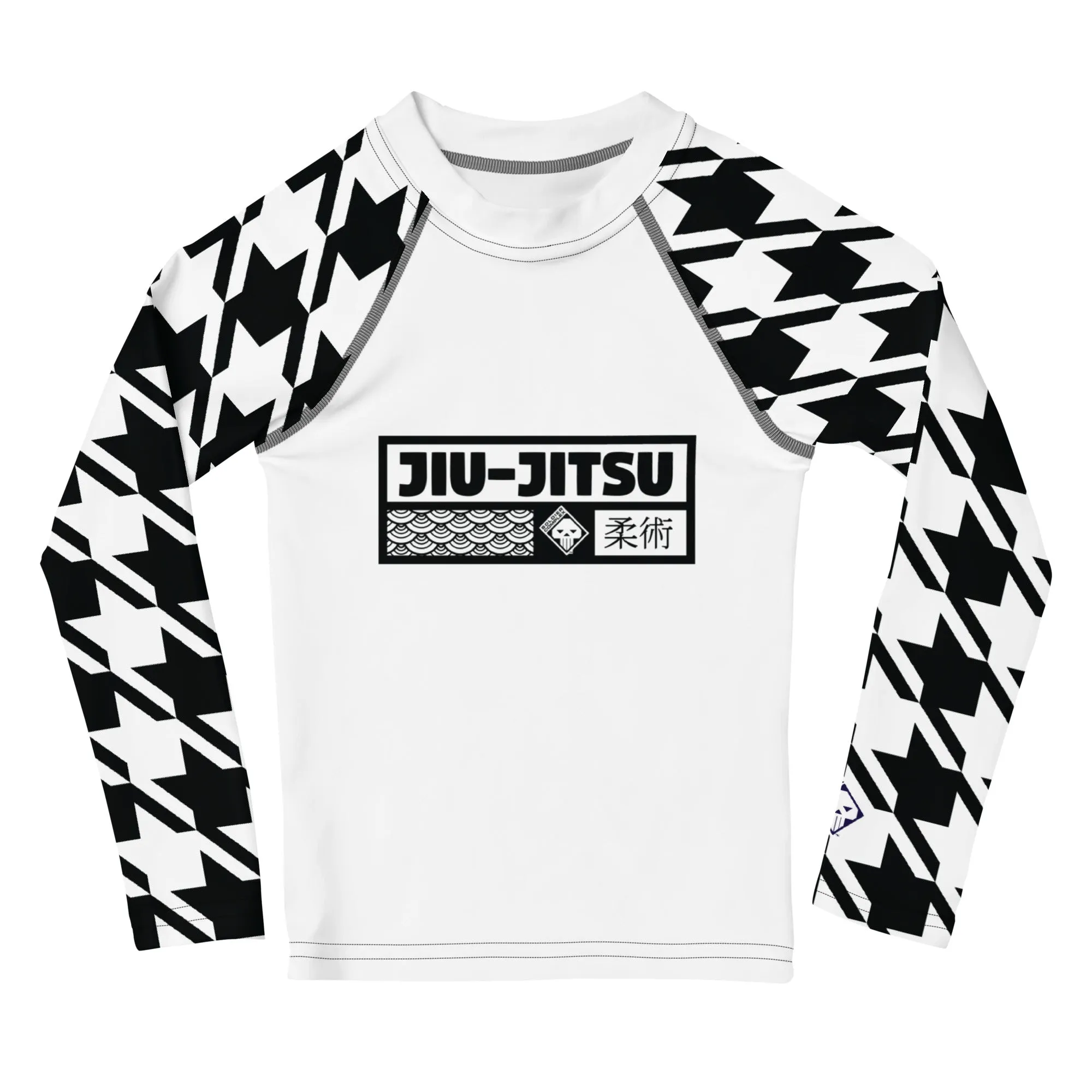 Style and Strength: Houndstooth Long Sleeve BJJ Rash Guard for Boys