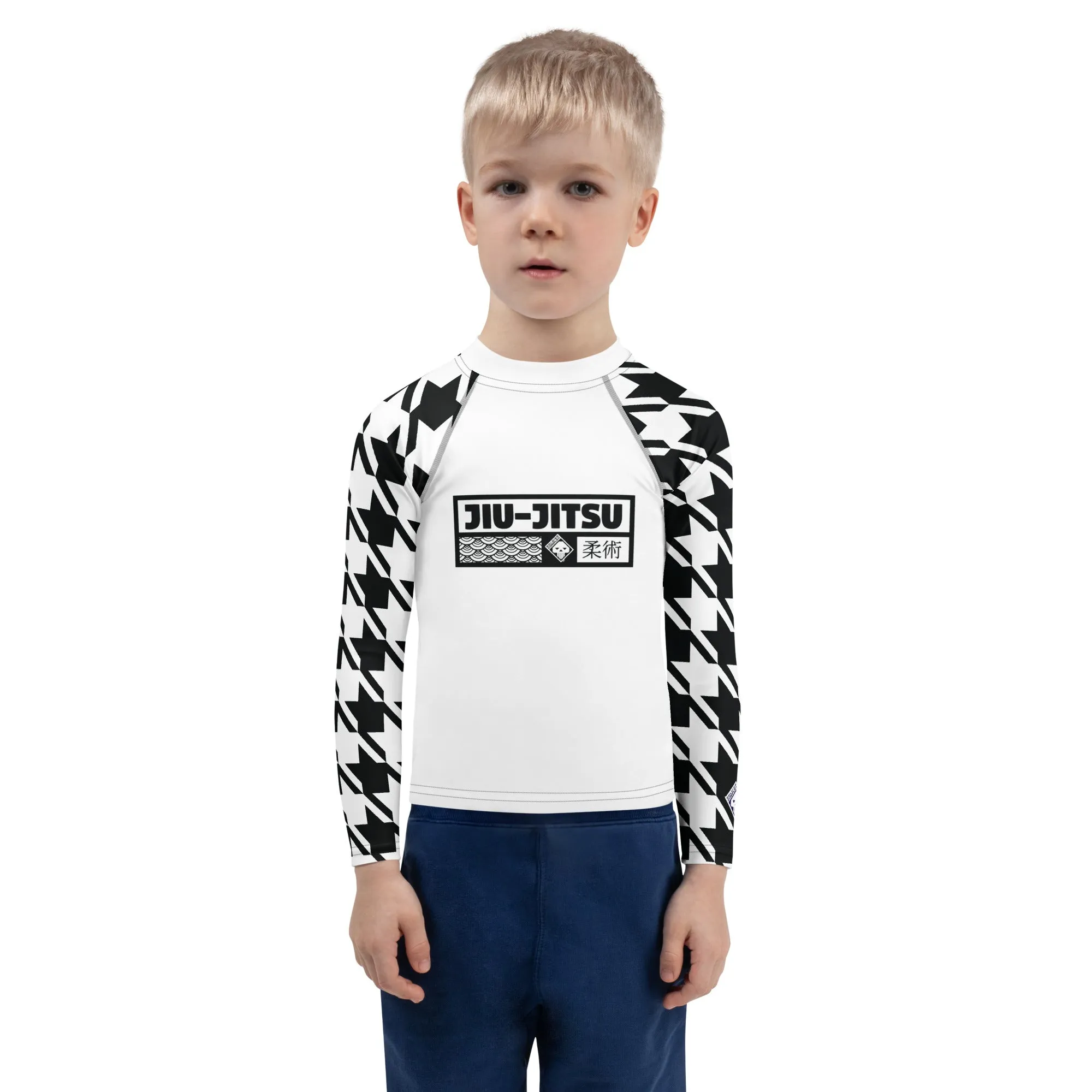 Style and Strength: Houndstooth Long Sleeve BJJ Rash Guard for Boys