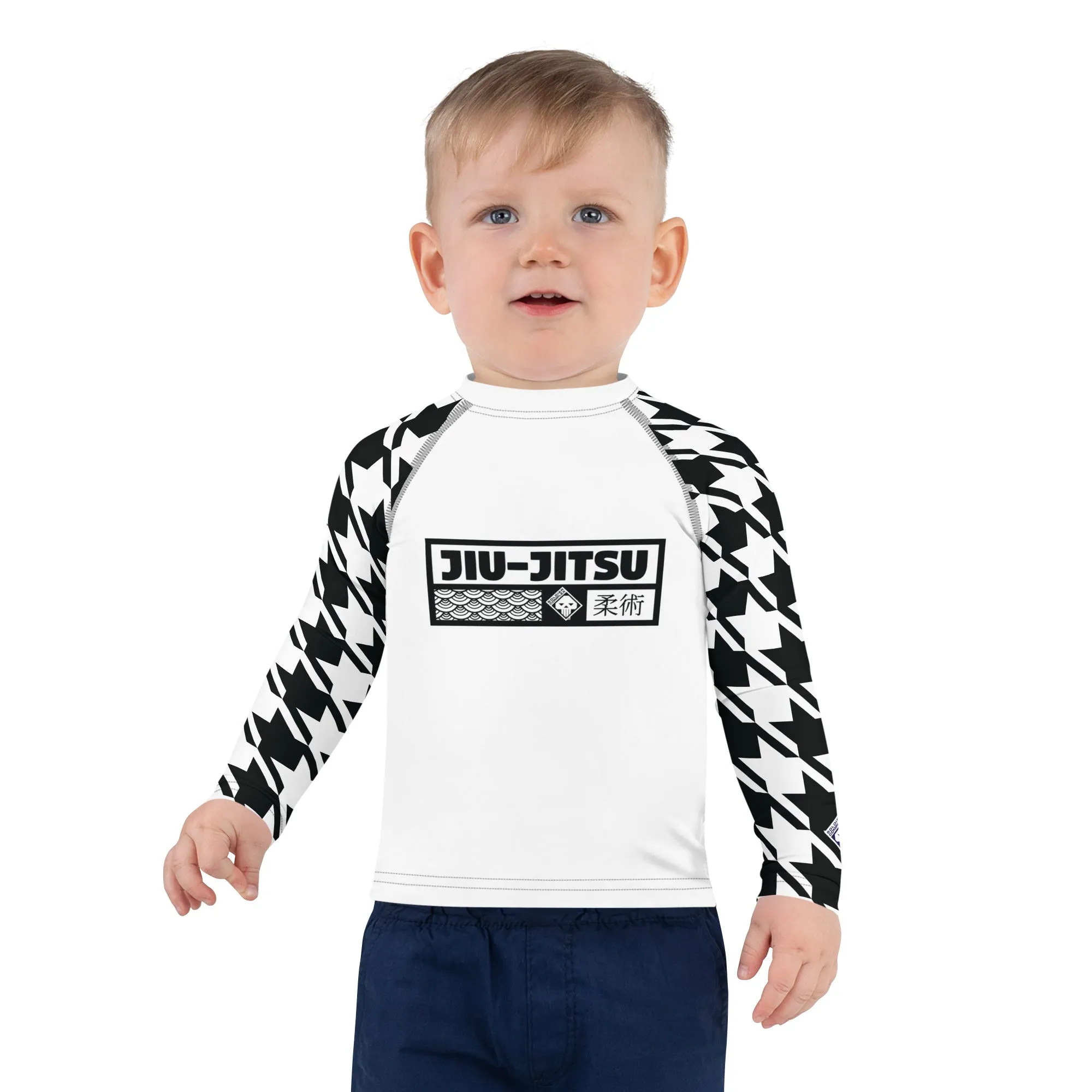 Style and Strength: Houndstooth Long Sleeve BJJ Rash Guard for Boys