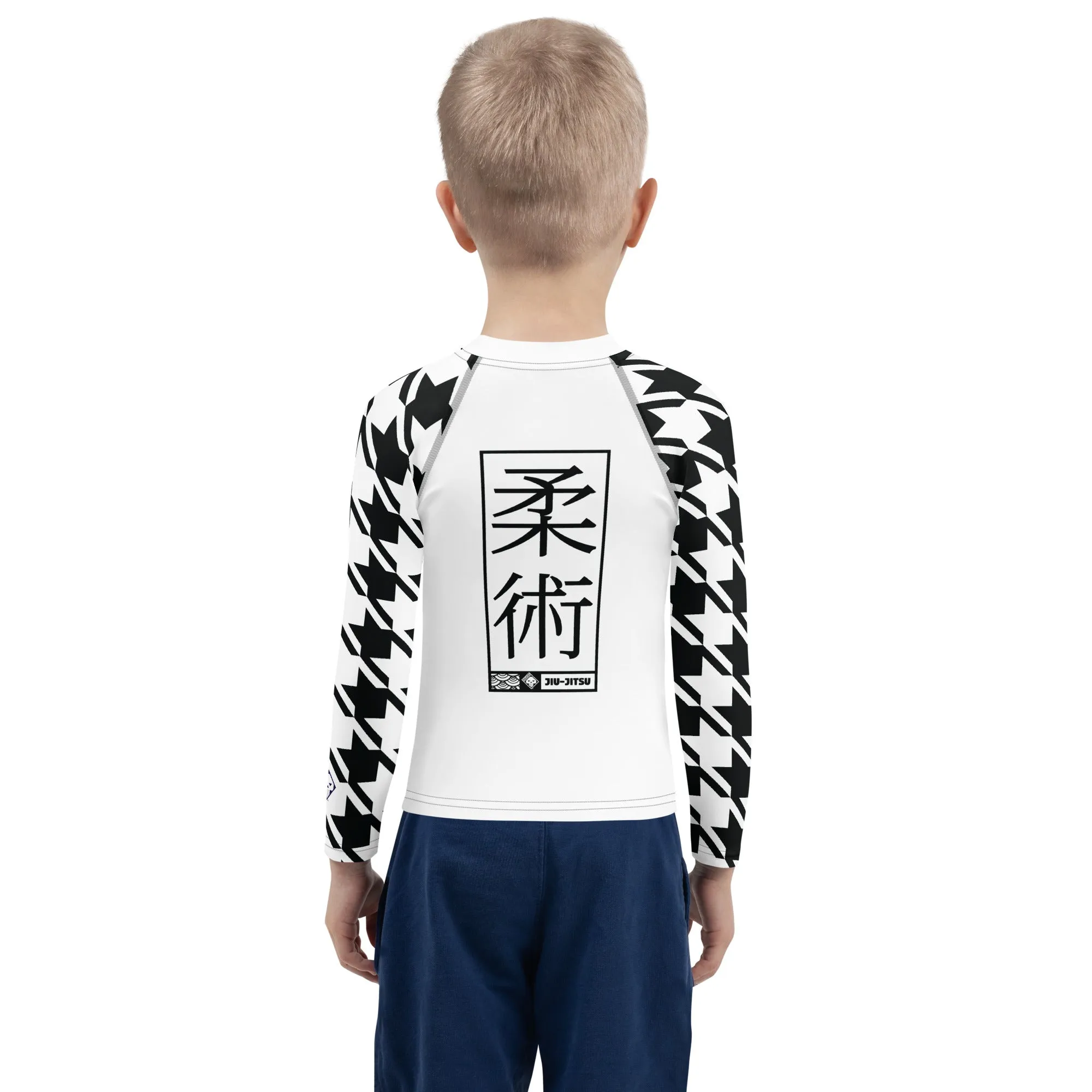 Style and Strength: Houndstooth Long Sleeve BJJ Rash Guard for Boys